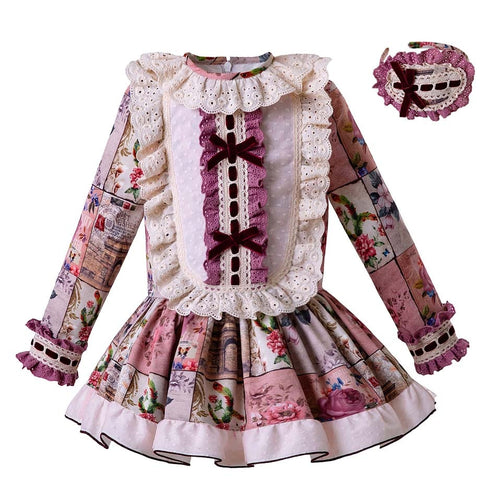 Pettigirl Autumn Vintage Flower Girls Dresses Lace Princess Dress Girls Boutique Clothes With Headband Thanksgiving Kids