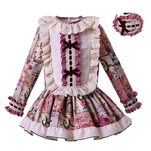 Pettigirl Autumn Vintage Flower Girls Dresses Lace Princess Dress Girls Boutique Clothes With Headband Thanksgiving Kids