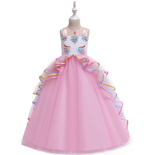 Cute Cartoon Unicorn Dress Christmas Kids Dresses for Girls Applique Costume Girls Princess Dress Children Birthday Party Dress