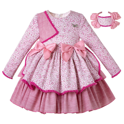 Pettigirl Thanksgiving Pink Girl Dresses Bow  Kids Floral Dress Children Boutique Clothing  With Headwear