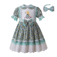Load image into Gallery viewer, Pettigirl Green Summer Party Girl Dress  Lace Wedding Flower Printed Dress With Headband For Kid