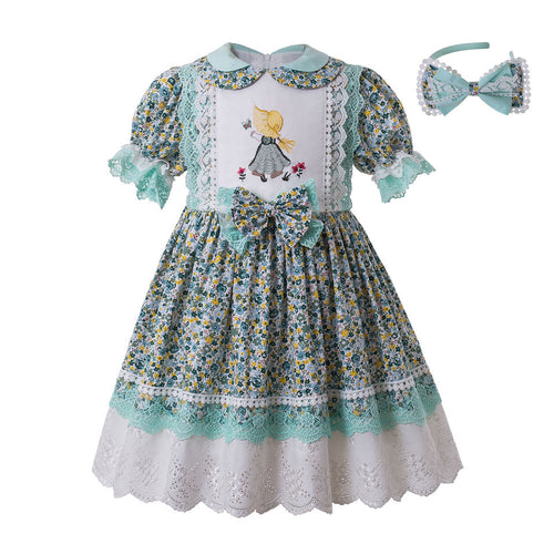 Pettigirl Green Summer Party Girl Dress  Lace Wedding Flower Printed Dress With Headband For Kid