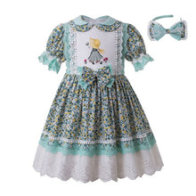 Load image into Gallery viewer, Pettigirl Green Summer Party Girl Dress  Lace Wedding Flower Printed Dress With Headband For Kid