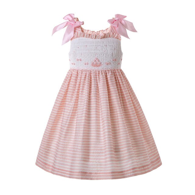 Pettigirl Pink Summer Smock Dress With Tulle Bow Flower Shoulder And Pink Strip  Birthday Party Kids Clothing G-DMGD204-A296