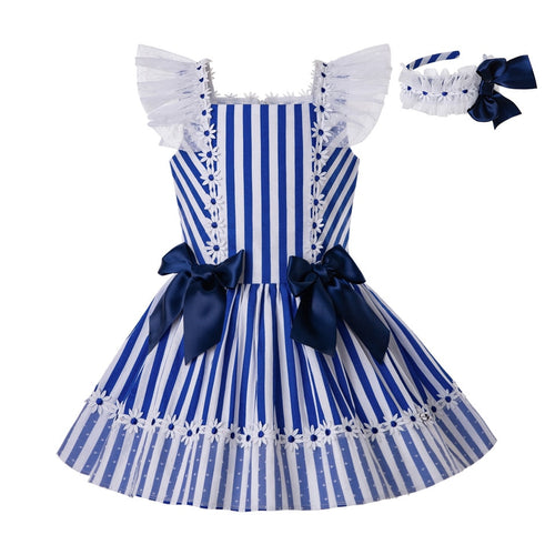 Pettigirl 2020 New Cotton Summer Girl Dress Blue Stripe Kids Causal Dresses For Baby With Blue Bows And Lace Children Wear