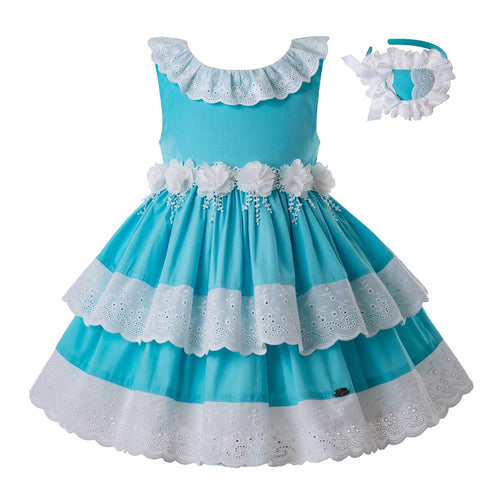 Pettigirl White Flower Summer Party Cotton Girl Blue Dress With Headband And Bow Sleeveless Birthday Kids Clothing G-DMGD203-35