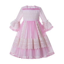 Load image into Gallery viewer, Pettigirl Pink Square Collar Flare Sleeves Lace Girl Party Birthday Boutique Kids Wear G-DMGD209-266(Dress Length under Knee)