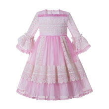 Load image into Gallery viewer, Pettigirl Pink Square Collar Flare Sleeves Lace Girl Party Birthday Boutique Kids Wear G-DMGD209-266(Dress Length under Knee)
