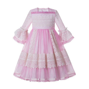 Pettigirl Pink Square Collar Flare Sleeves Lace Girl Party Birthday Boutique Kids Wear G-DMGD209-266(Dress Length under Knee)