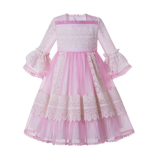 Pettigirl Pink Square Collar Flare Sleeves Lace Girl Party Birthday Boutique Kids Wear G-DMGD209-266(Dress Length under Knee)