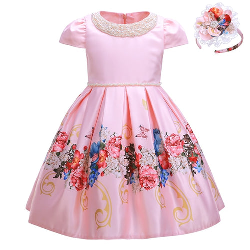 Pettigirl 2020 New Flower Girl Dress With Beading Collar Pink Girls Party Dresses Wedding Boutique Kids Clothes With Headwear