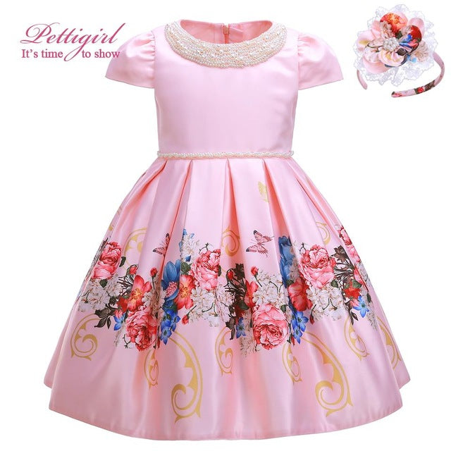 Pettigirl 2020 New Flower Girl Dress With Beading Collar Pink Girls Party Dresses Wedding Boutique Kids Clothes With Headwear