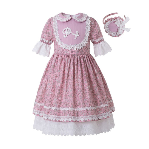 Pettigirl Summer Party  Dress Doll Collar  Raffle  Sleeve Flower Printed Dress  Kids Boutique Dress +Headwear G-DMGD211-284