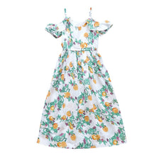 Load image into Gallery viewer, Girls Summer Cold Shouldre Dresses Princess Orange Print Party Short Sleeve Dresses Kids Casual Loose Beach Dress AA51744