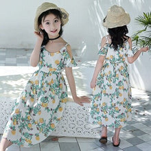 Load image into Gallery viewer, Girls Summer Cold Shouldre Dresses Princess Orange Print Party Short Sleeve Dresses Kids Casual Loose Beach Dress AA51744