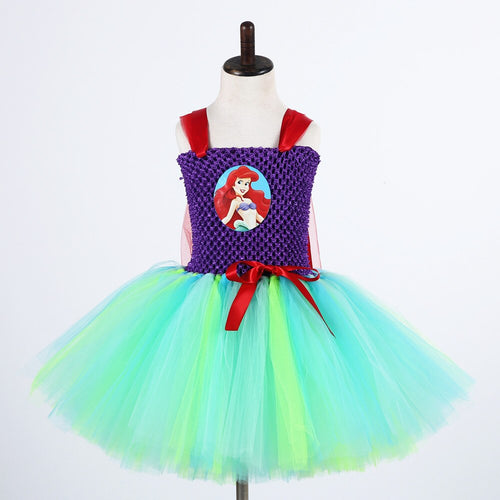 Cute Cartoon Girls Tulle Dress Green Birthday Party Tutu Dress Girl Princess Dress Kids Mermai Ariel Tinkerbell Cosplay Costume